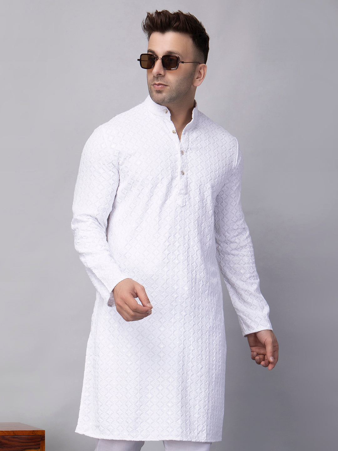 Hangup Men's Ethnic Embroidered white Kurta