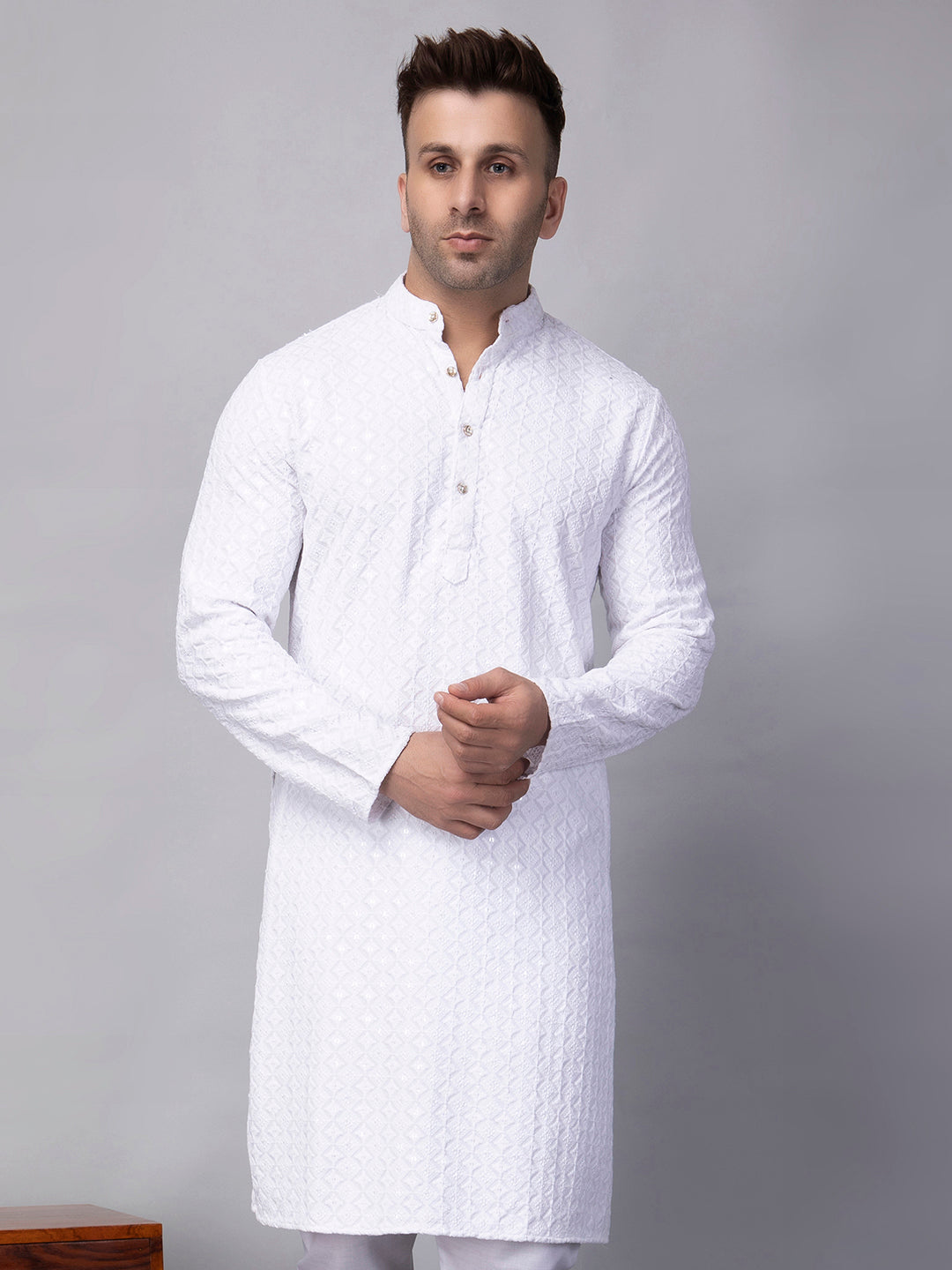 Hangup Men's Ethnic Embroidered white Kurta