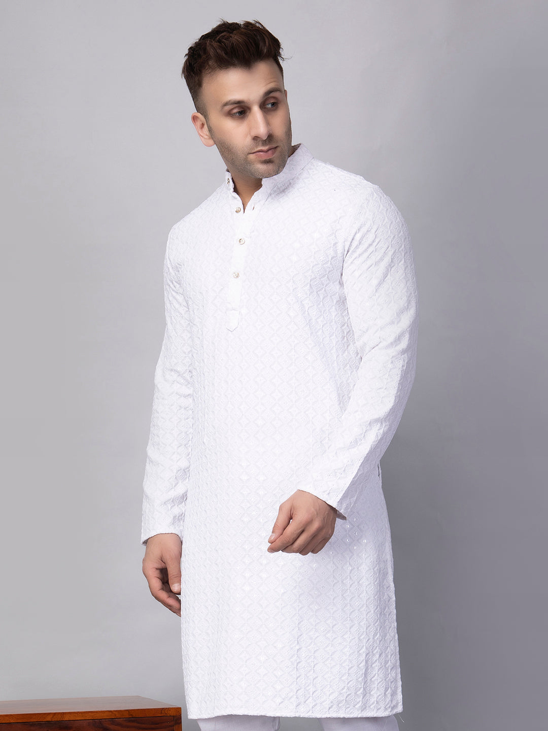 Hangup Men's Ethnic Embroidered white Kurta