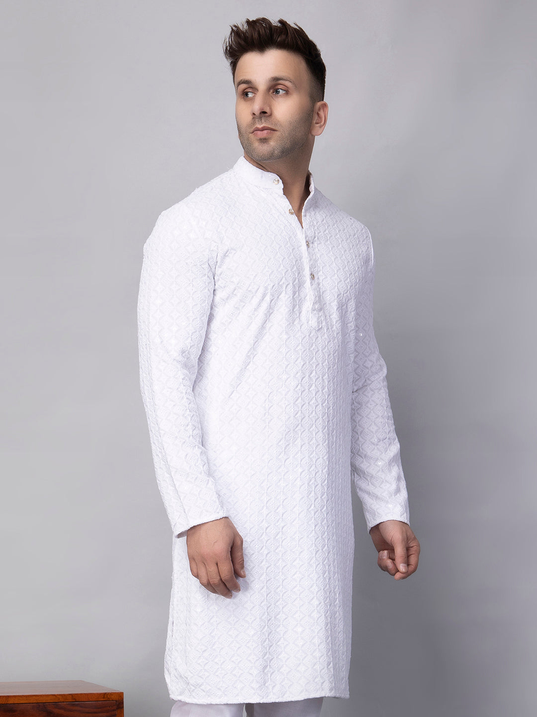 Hangup Men's Ethnic Embroidered white Kurta