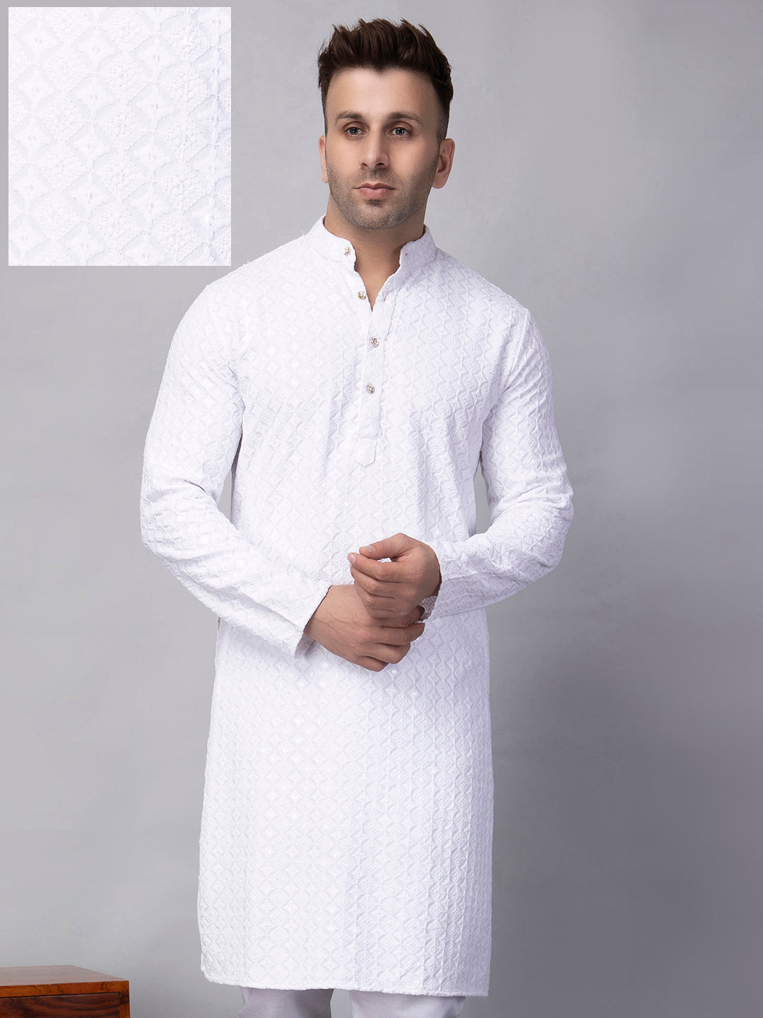 Hangup Men's Ethnic Embroidered white Kurta