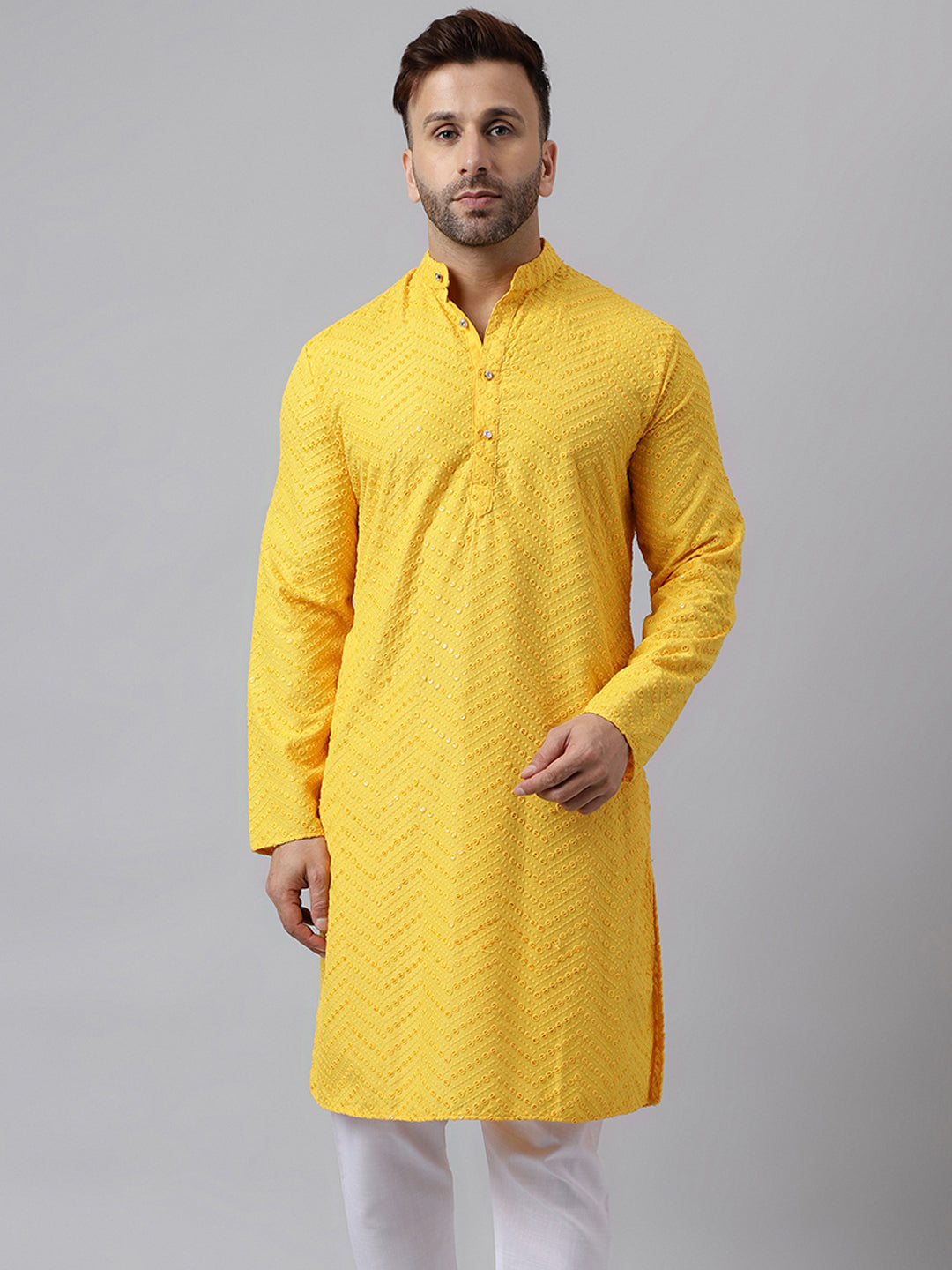 Hangup Men's Ethnic Jacquard Embroidered Yellow Kurta