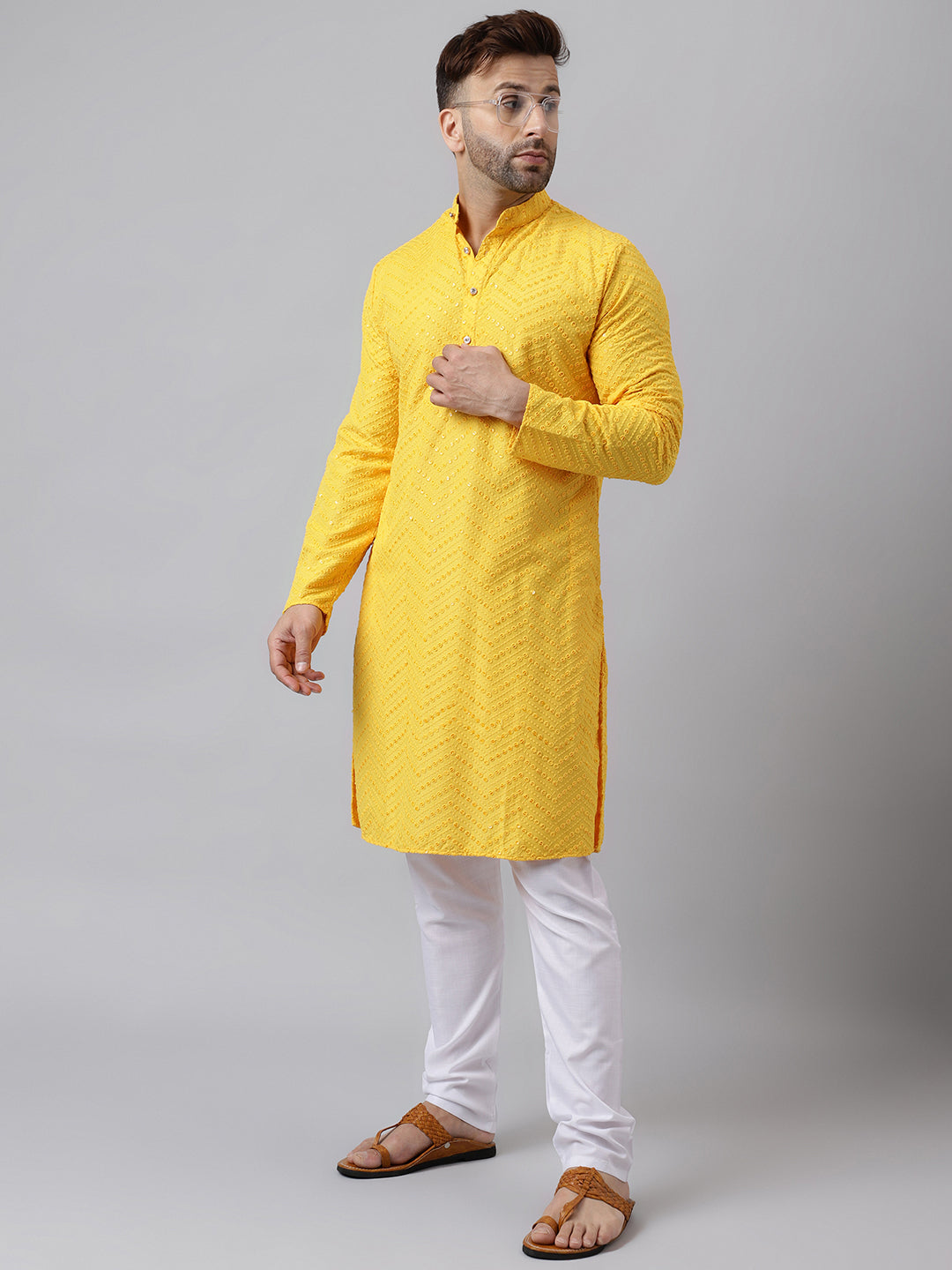 Hangup Men's Ethnic Jacquard Embroidered Yellow Kurta