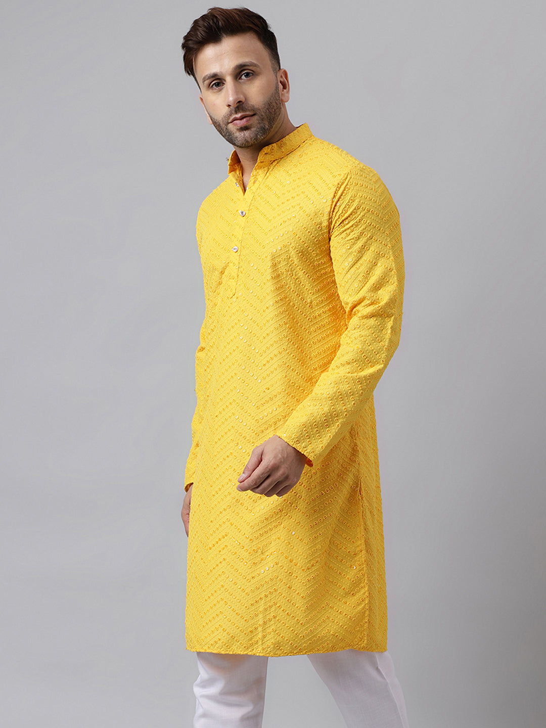 Hangup Men's Ethnic Jacquard Embroidered Yellow Kurta