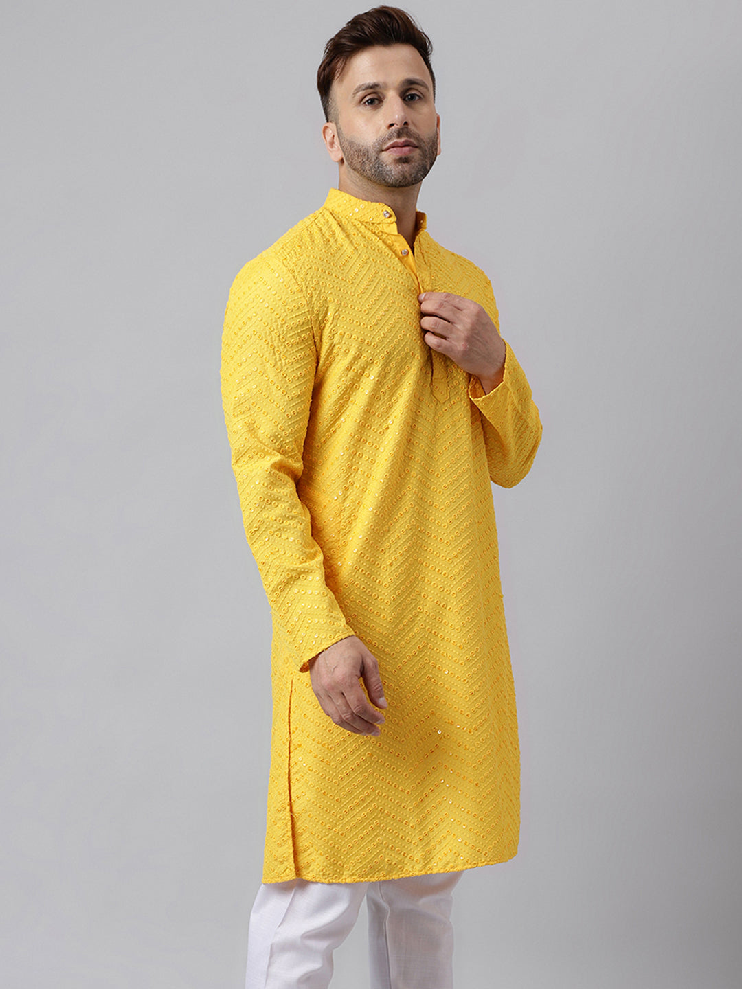 Hangup Men's Ethnic Jacquard Embroidered Yellow Kurta