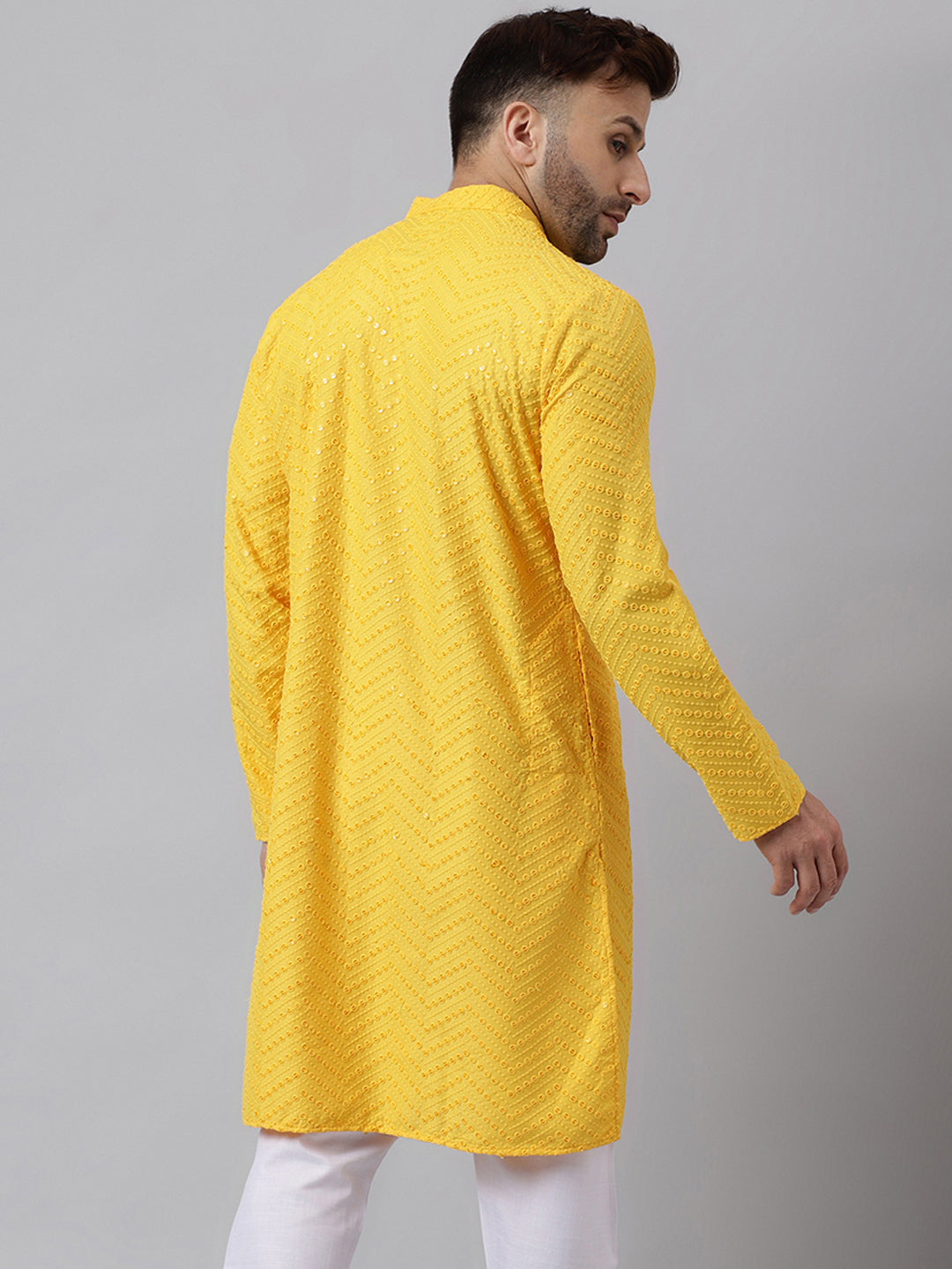 Hangup Men's Ethnic Jacquard Embroidered Yellow Kurta