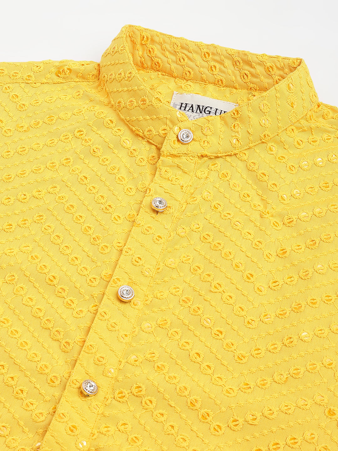 Hangup Men's Ethnic Jacquard Embroidered Yellow Kurta