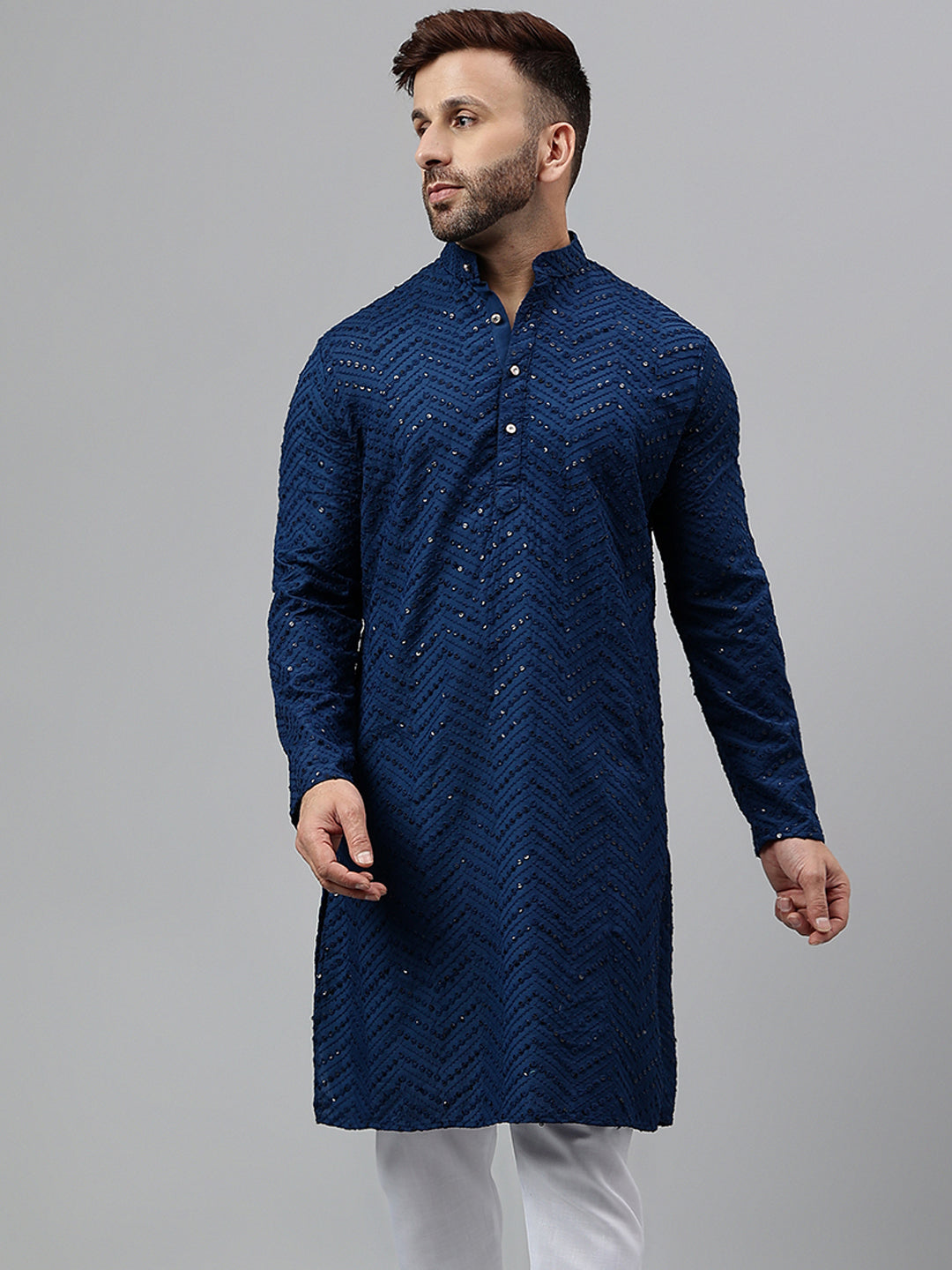 Hangup Men's Ethnic Embroidered Navy Blue Kurta