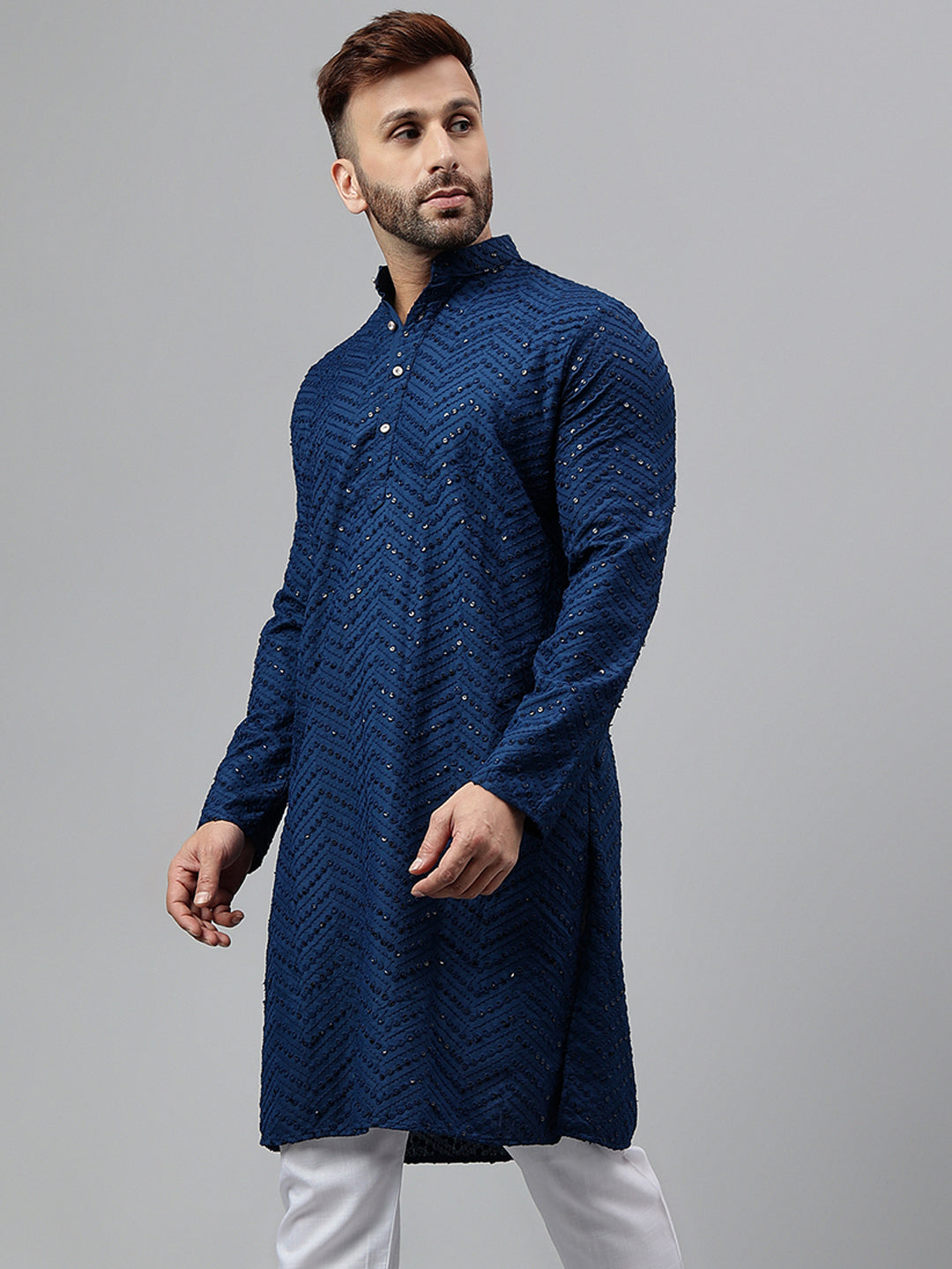 Hangup Men's Ethnic Embroidered Navy Blue Kurta