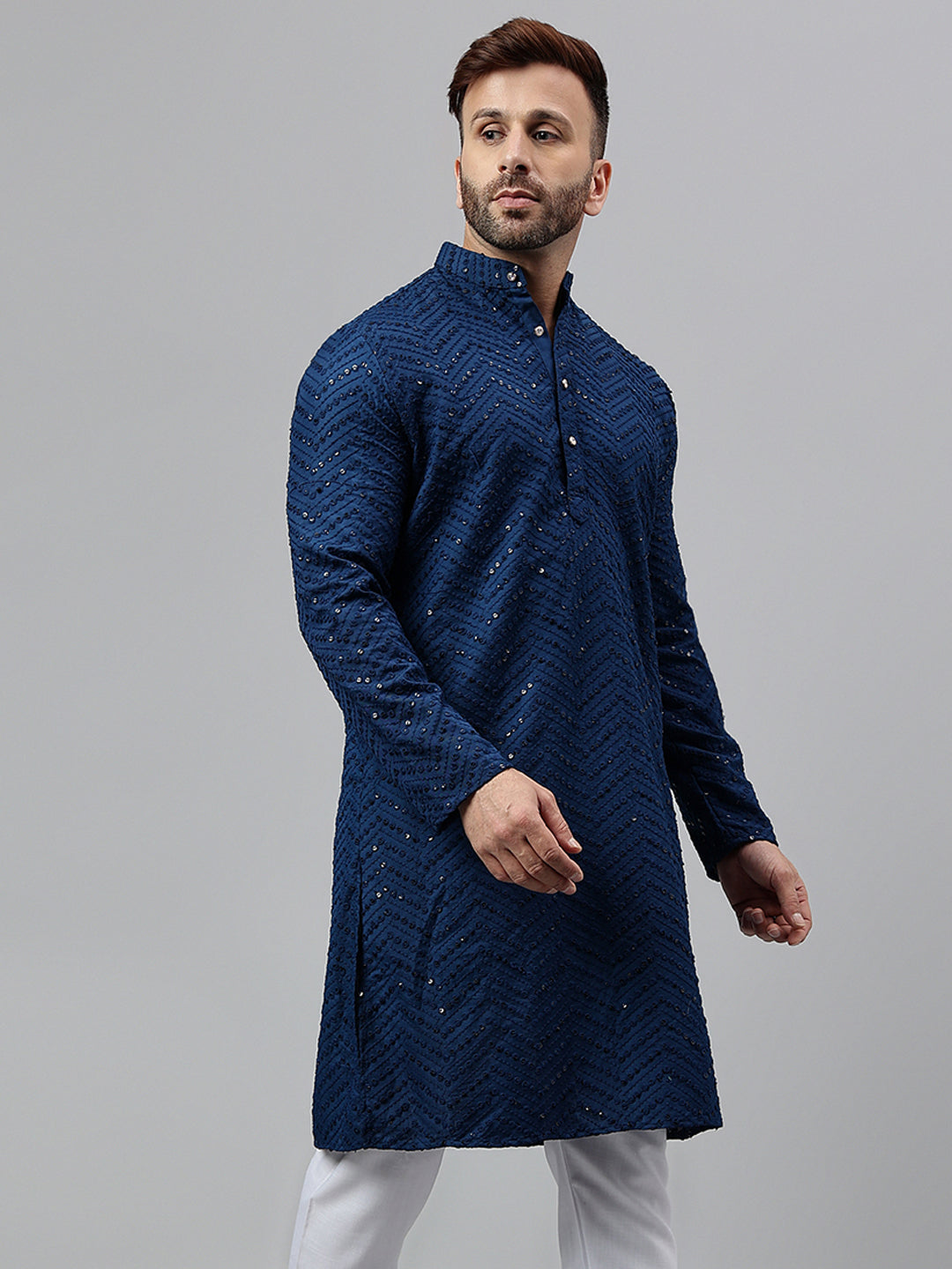 Hangup Men's Ethnic Embroidered Navy Blue Kurta