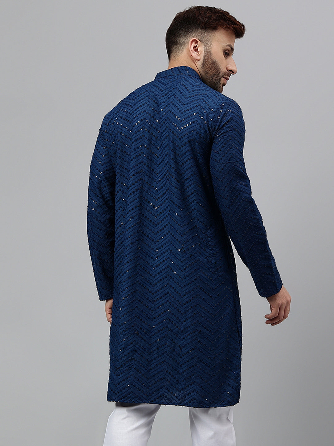 Hangup Men's Ethnic Embroidered Navy Blue Kurta