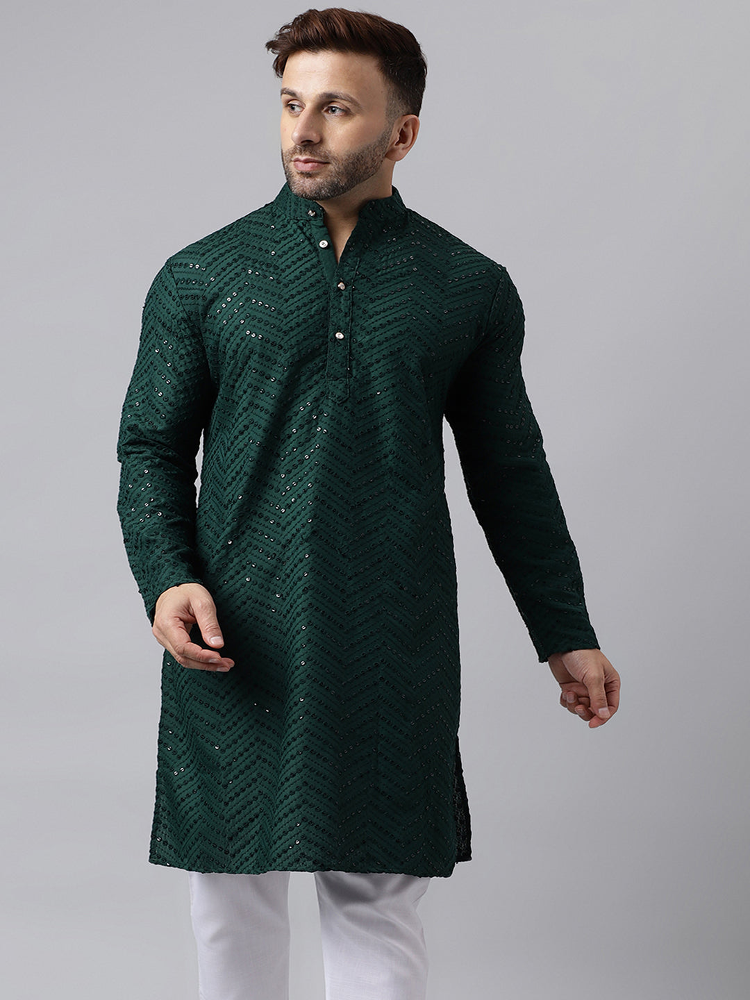 Hangup Men's Ethnic Embroidered Green Kurta