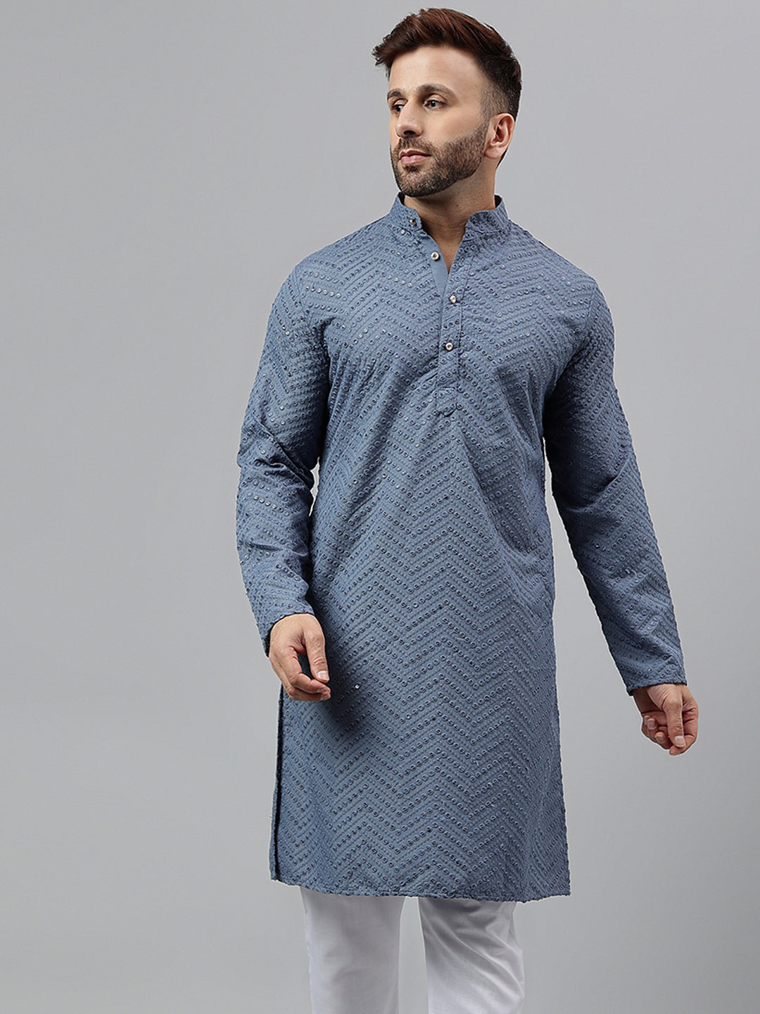 Hangup Men's Ethnic Embroidered Blue Kurta