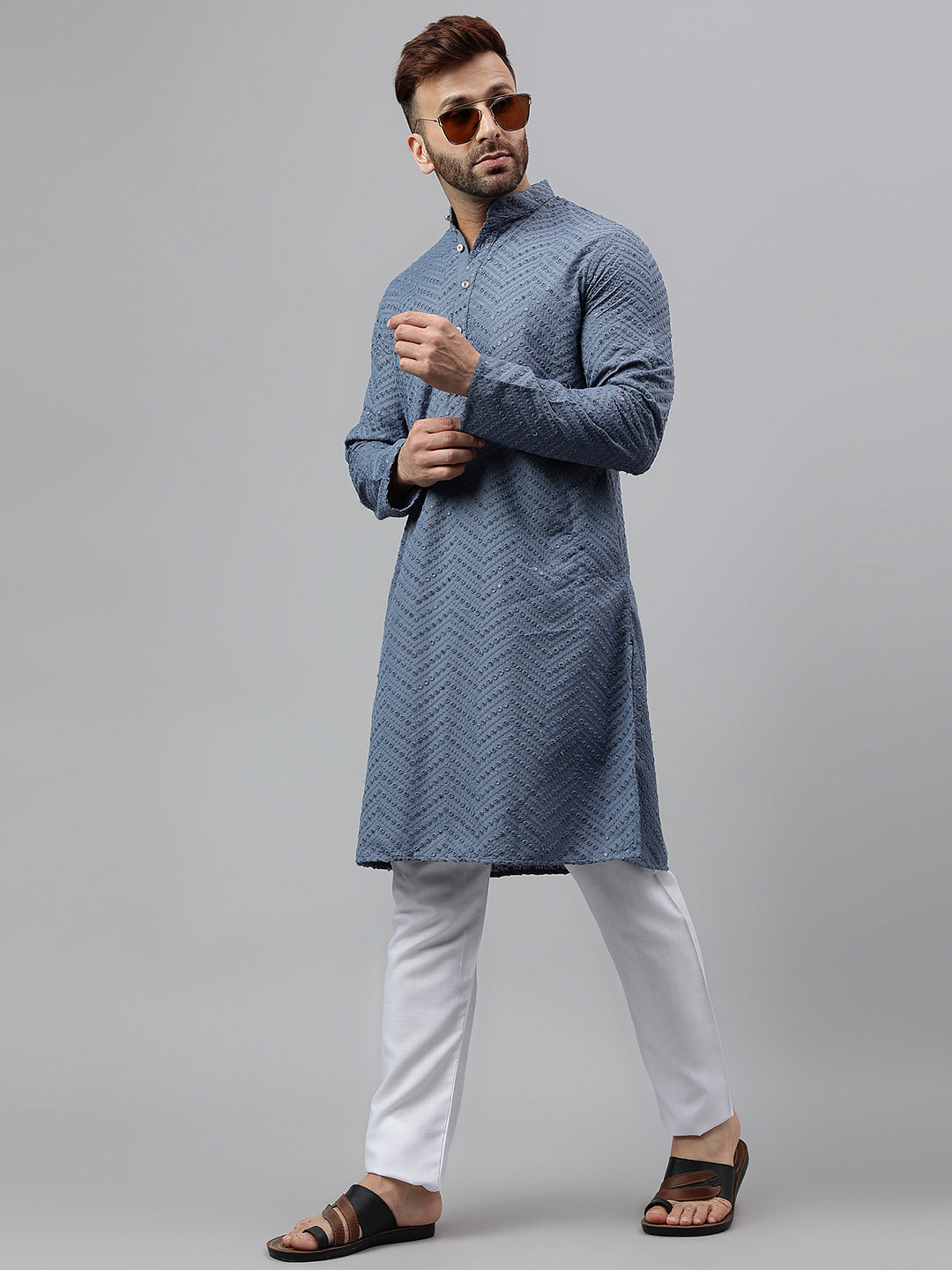 Hangup Men's Ethnic Embroidered Blue Kurta