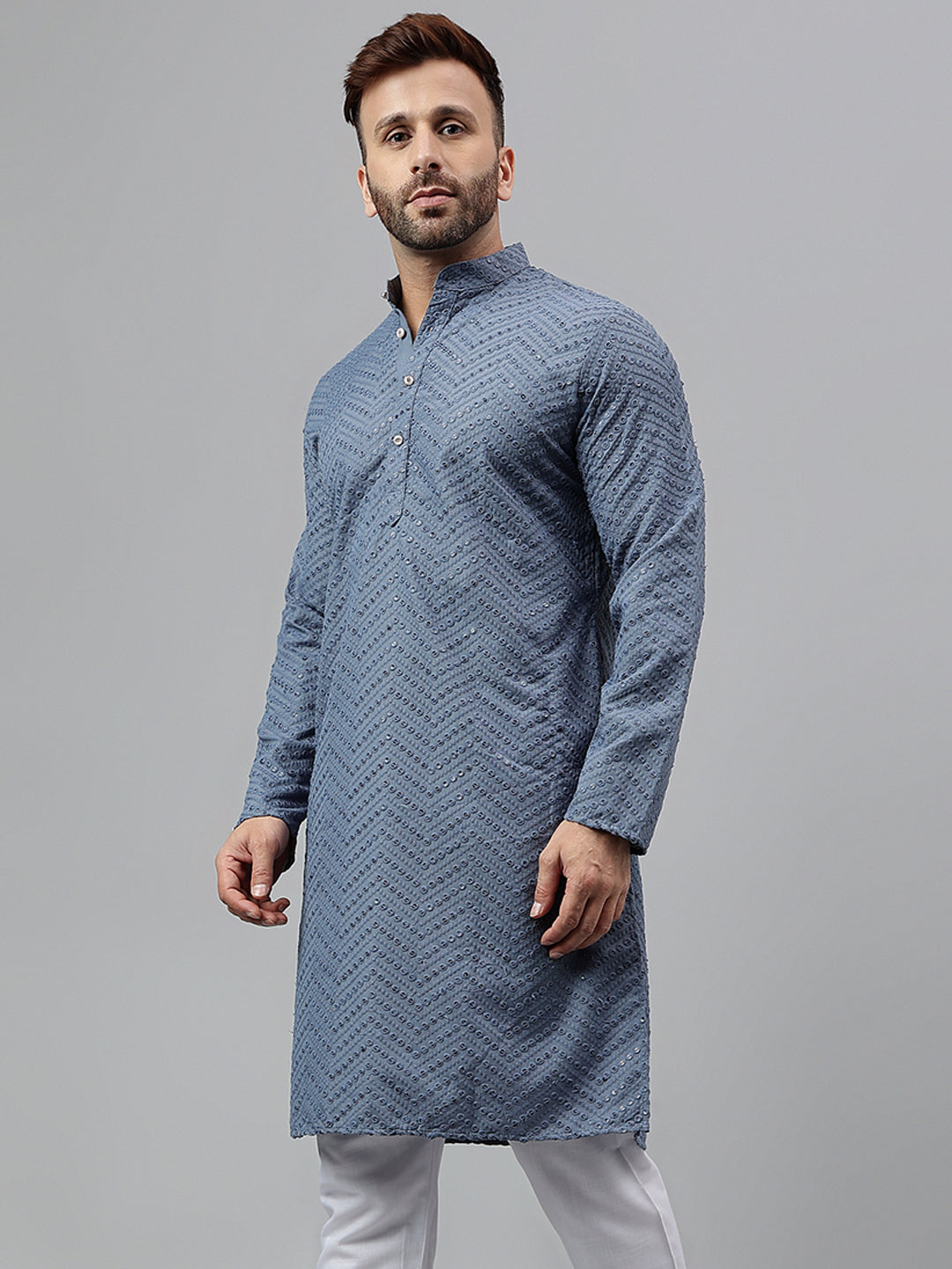 Hangup Men's Ethnic Embroidered Blue Kurta