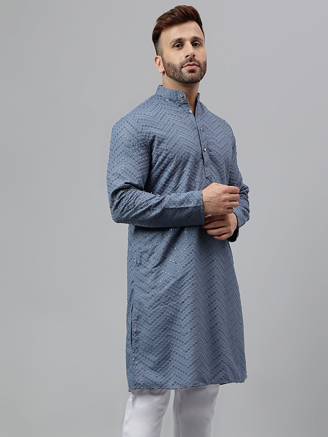 Hangup Men's Ethnic Embroidered Blue Kurta