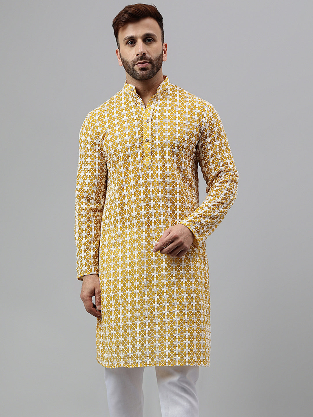 Hangup Men's Ethnic Embroidered Lemon Kurta