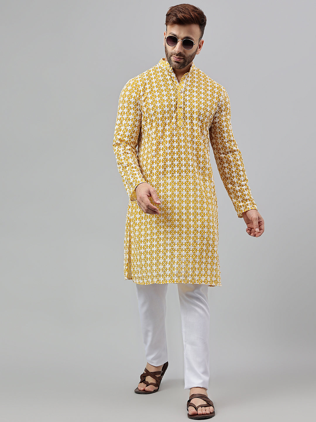 Hangup Men's Ethnic Embroidered Lemon Kurta