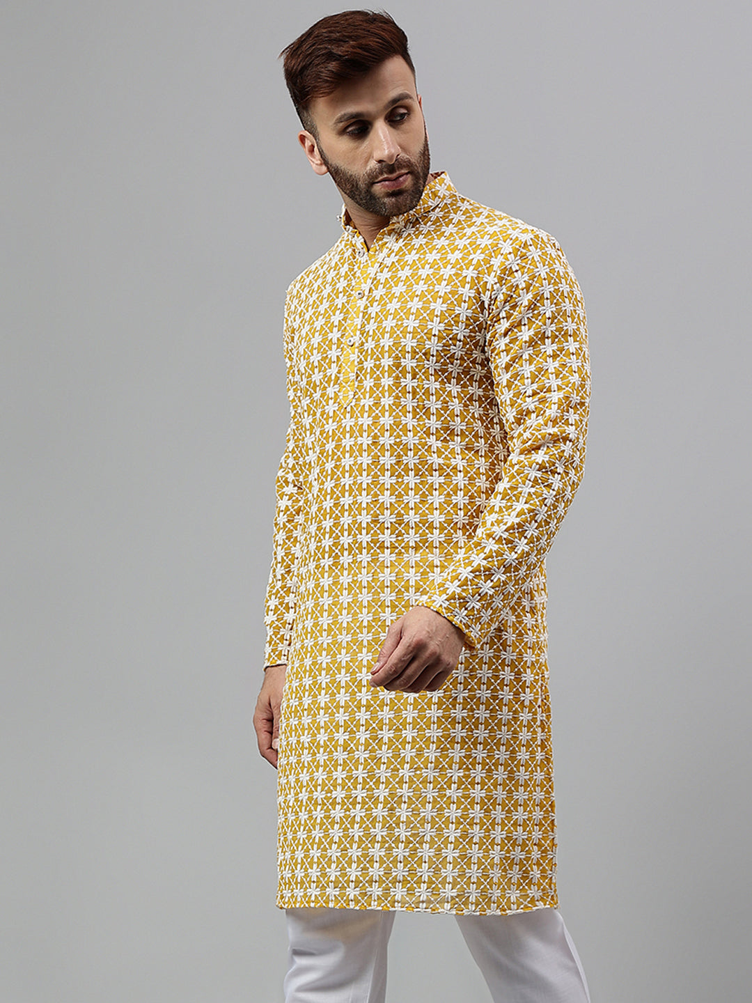 Hangup Men's Ethnic Embroidered Lemon Kurta