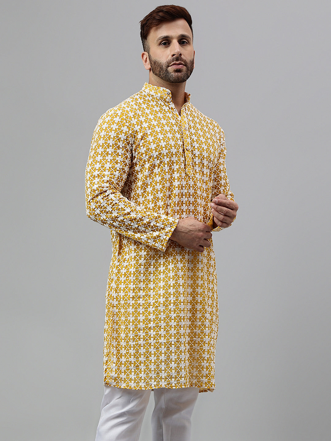 Hangup Men's Ethnic Embroidered Lemon Kurta