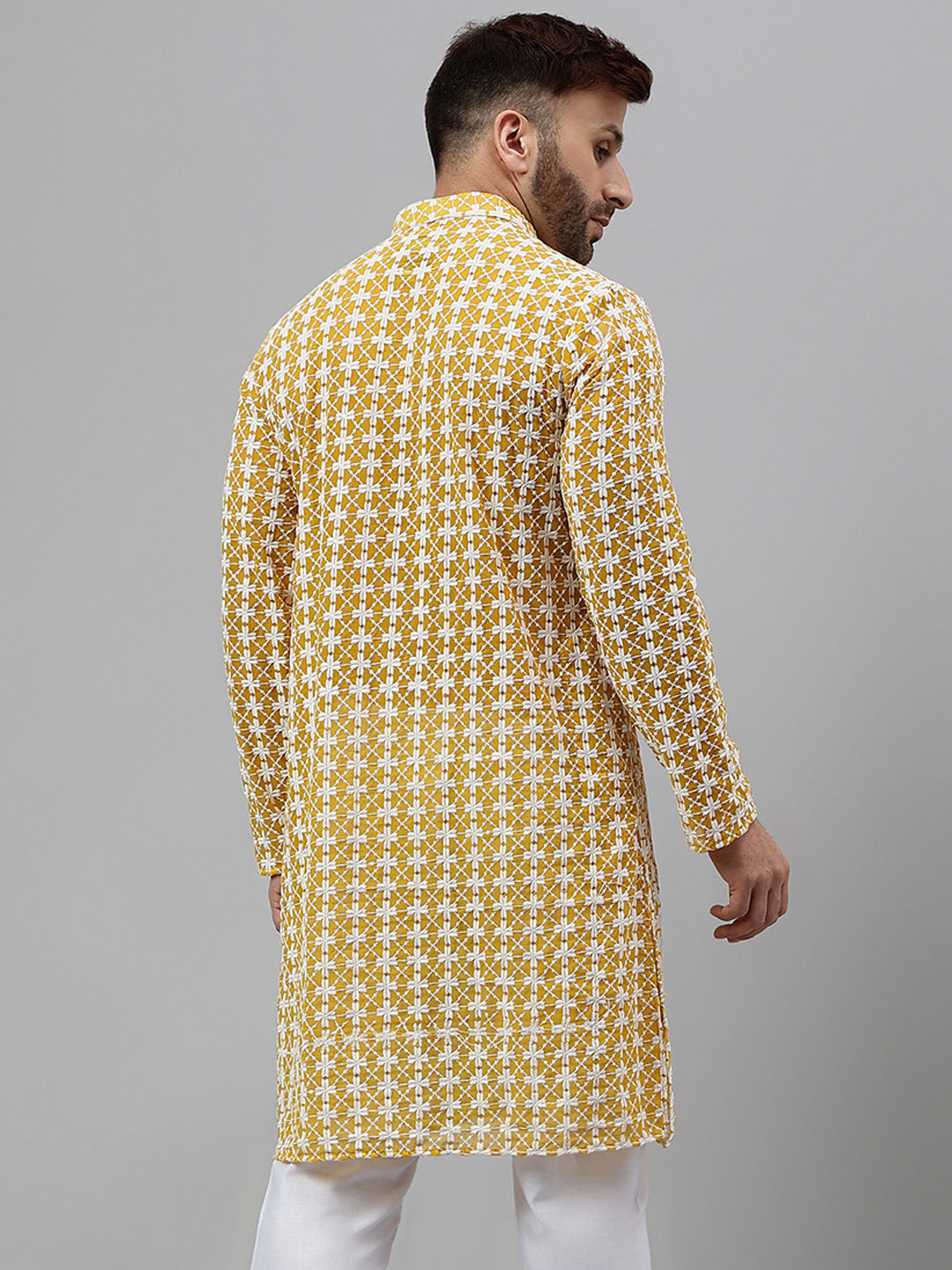 Hangup Men's Ethnic Embroidered Lemon Kurta