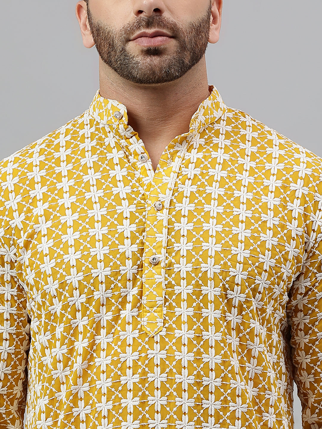 Hangup Men's Ethnic Embroidered Lemon Kurta