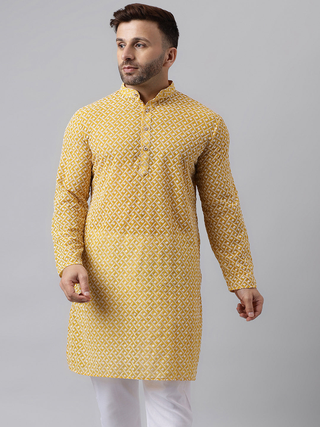 Hangup Men's Ethnic Embroidered Yellow Kurta