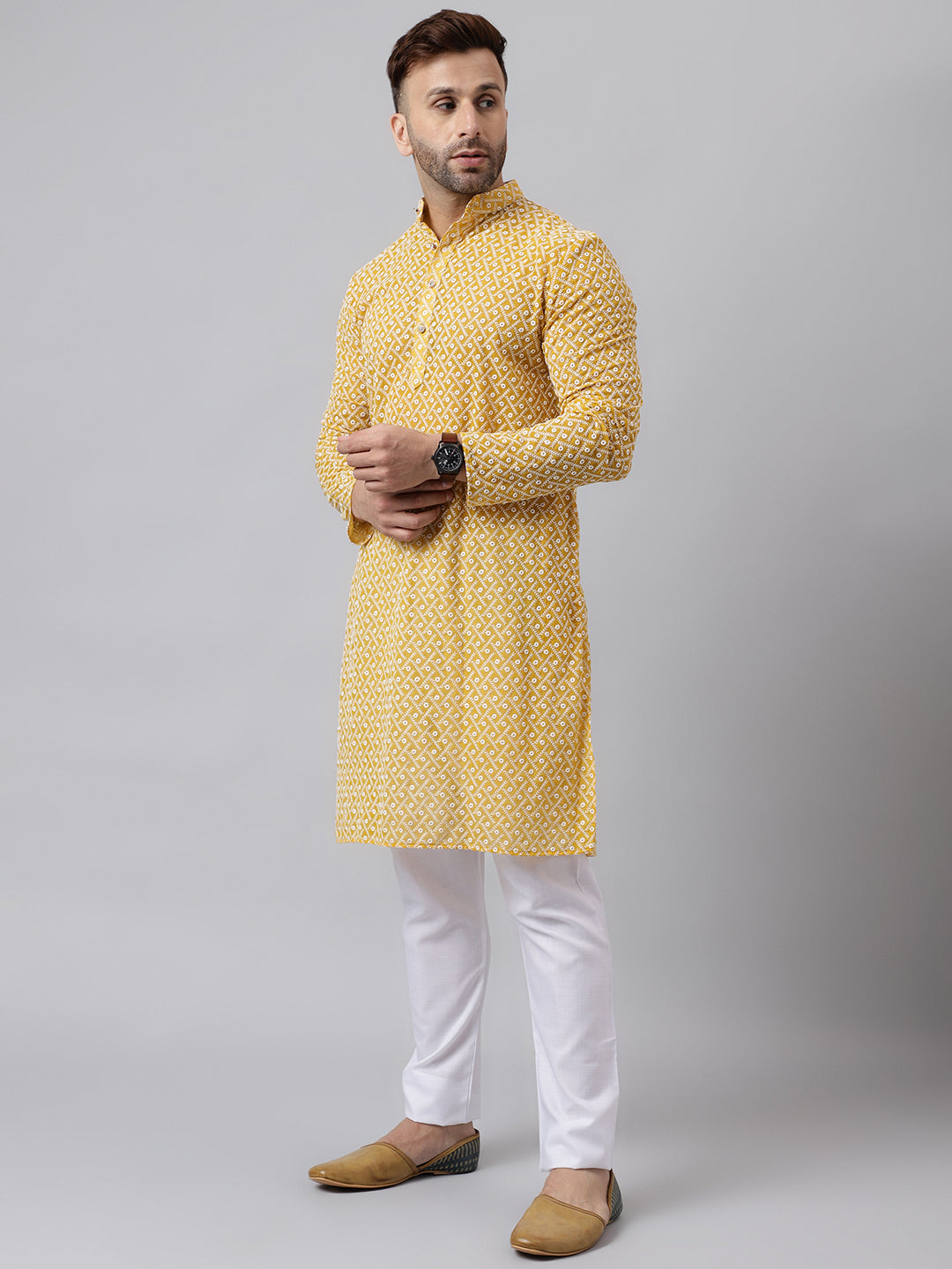 Hangup Men's Ethnic Embroidered Yellow Kurta