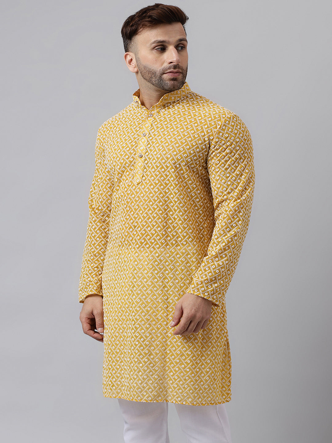 Hangup Men's Ethnic Embroidered Yellow Kurta