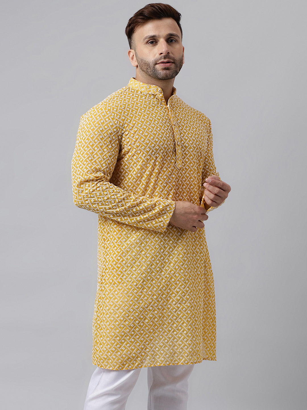 Hangup Men's Ethnic Embroidered Yellow Kurta