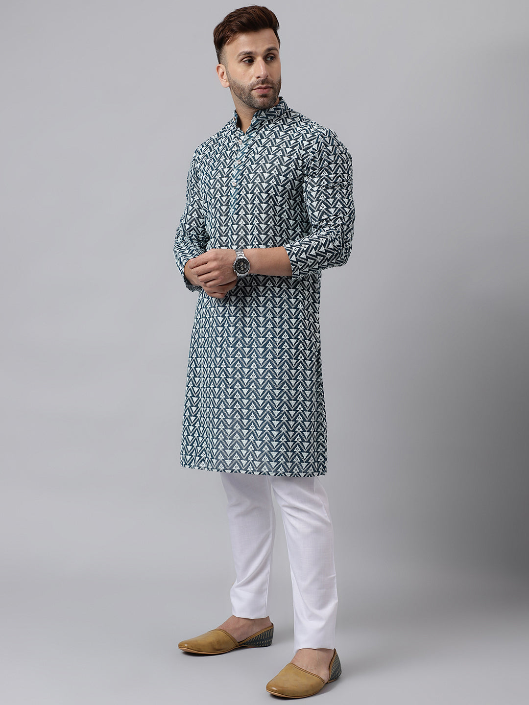 Hangup Men's Ethnic Embroidered Green Kurta