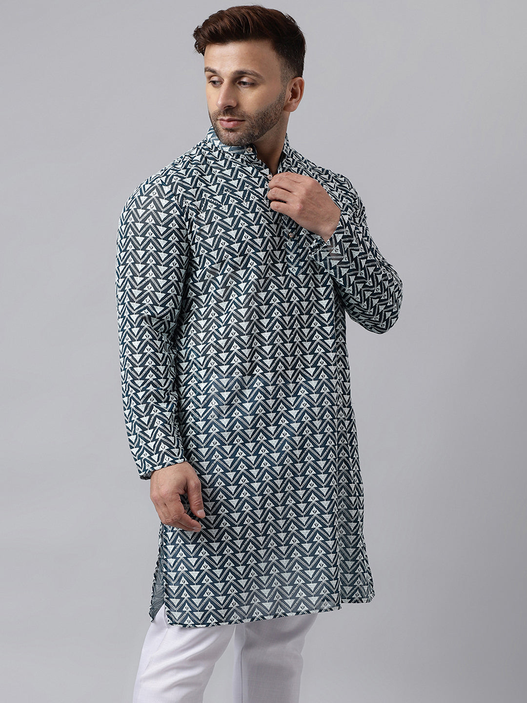 Hangup Men's Ethnic Embroidered Green Kurta