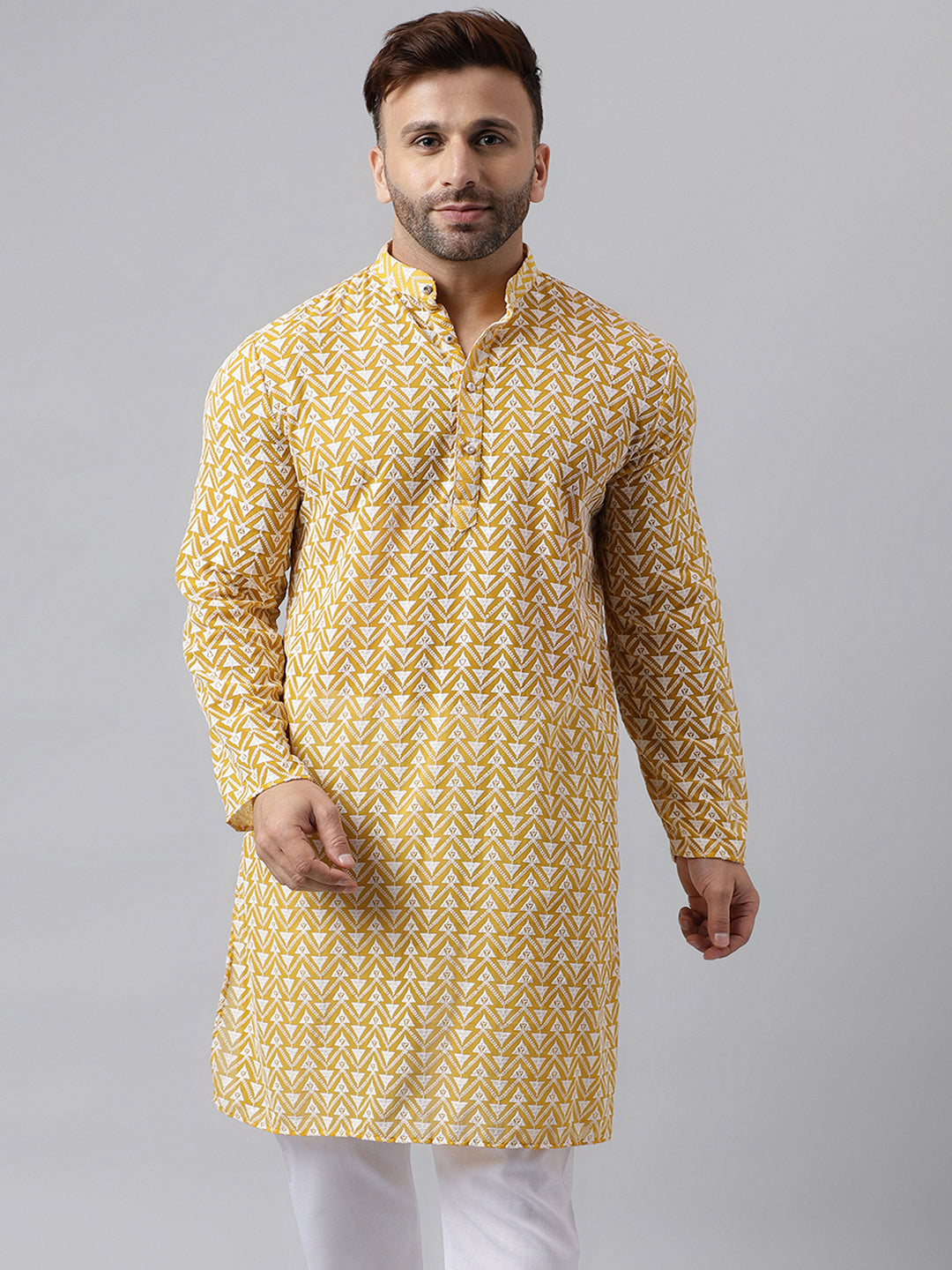 Hangup Men's Ethnic Embroidered Yellow Kurta