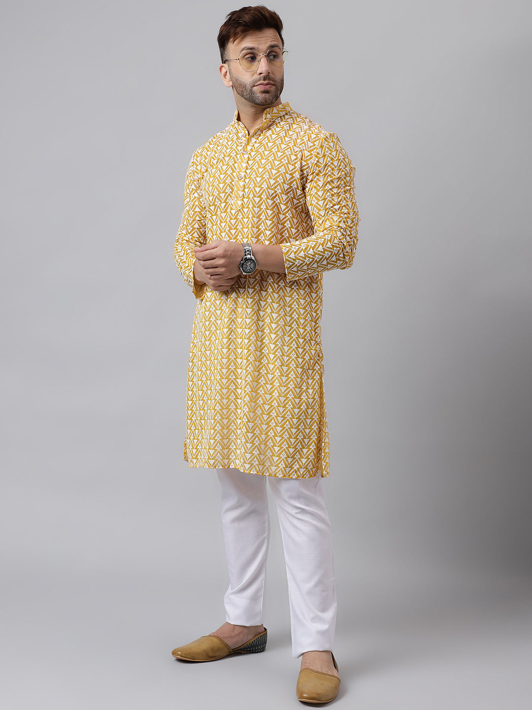 Hangup Men's Ethnic Embroidered Yellow Kurta