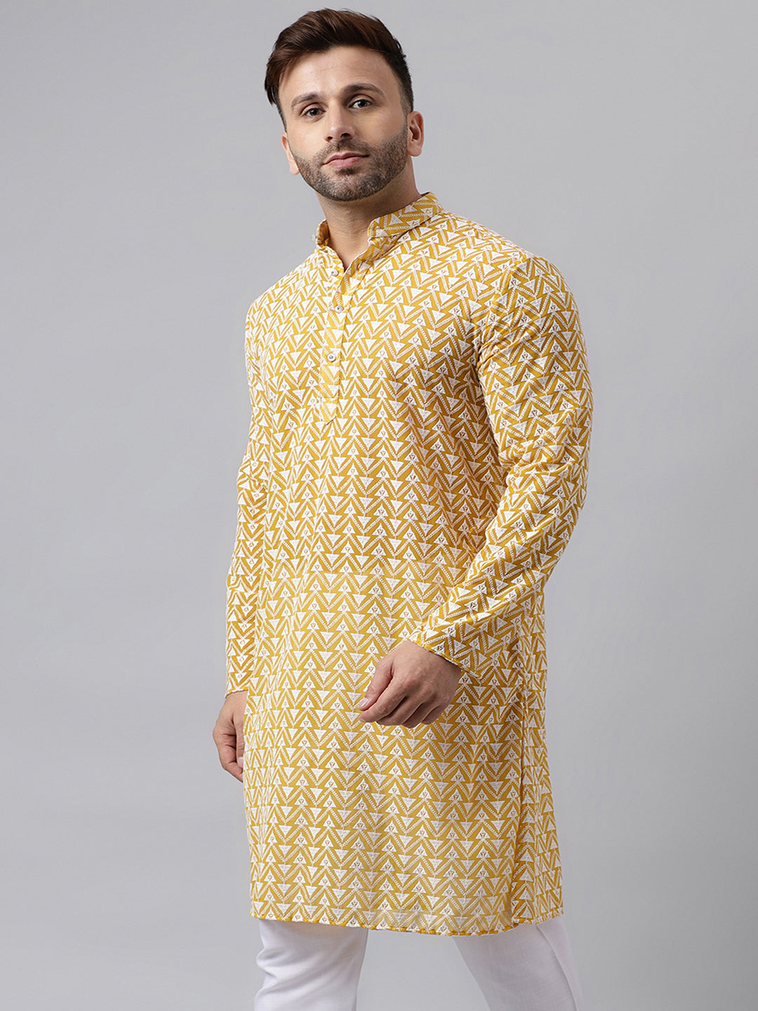 Hangup Men's Ethnic Embroidered Yellow Kurta