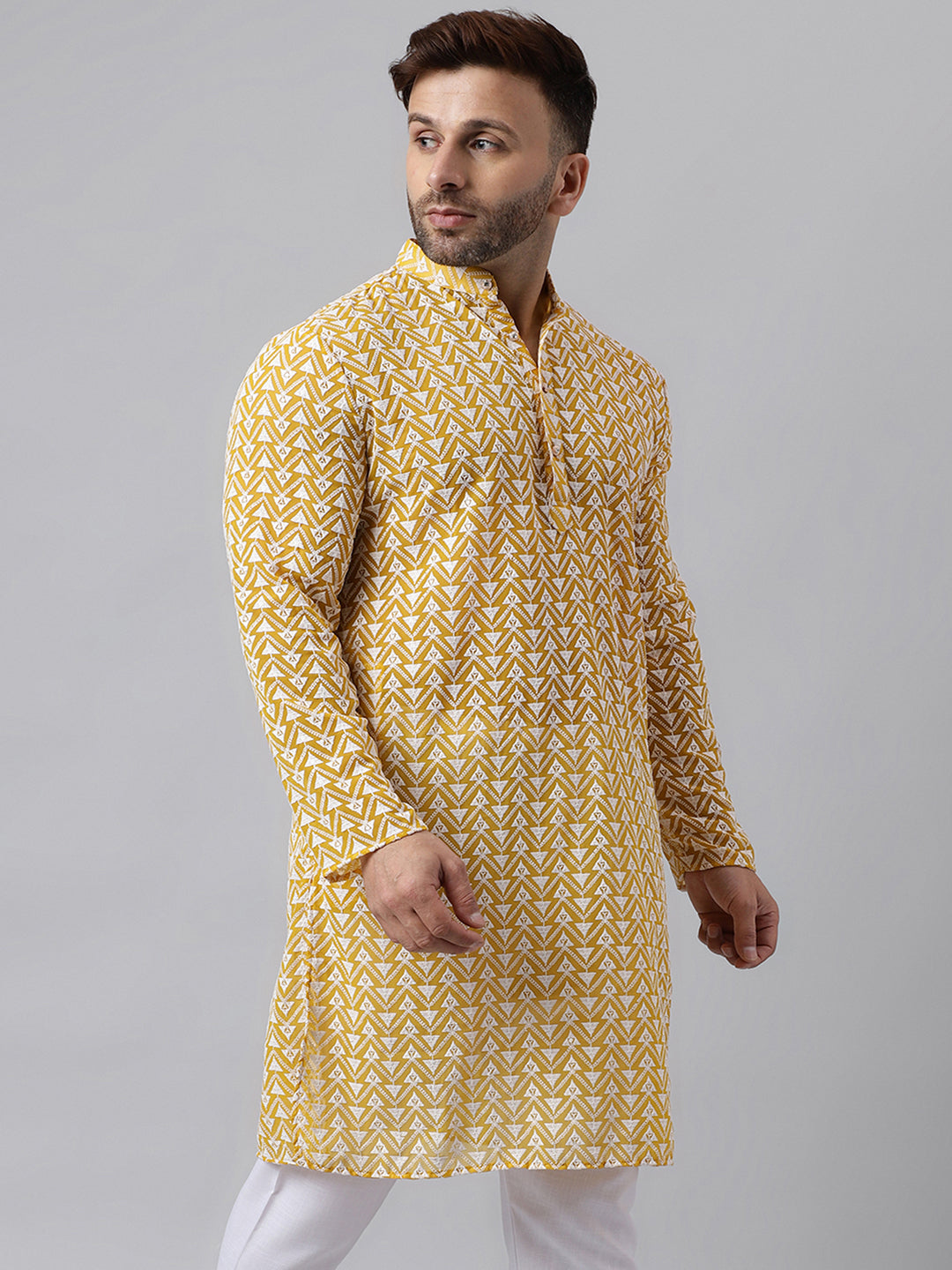 Hangup Men's Ethnic Embroidered Yellow Kurta