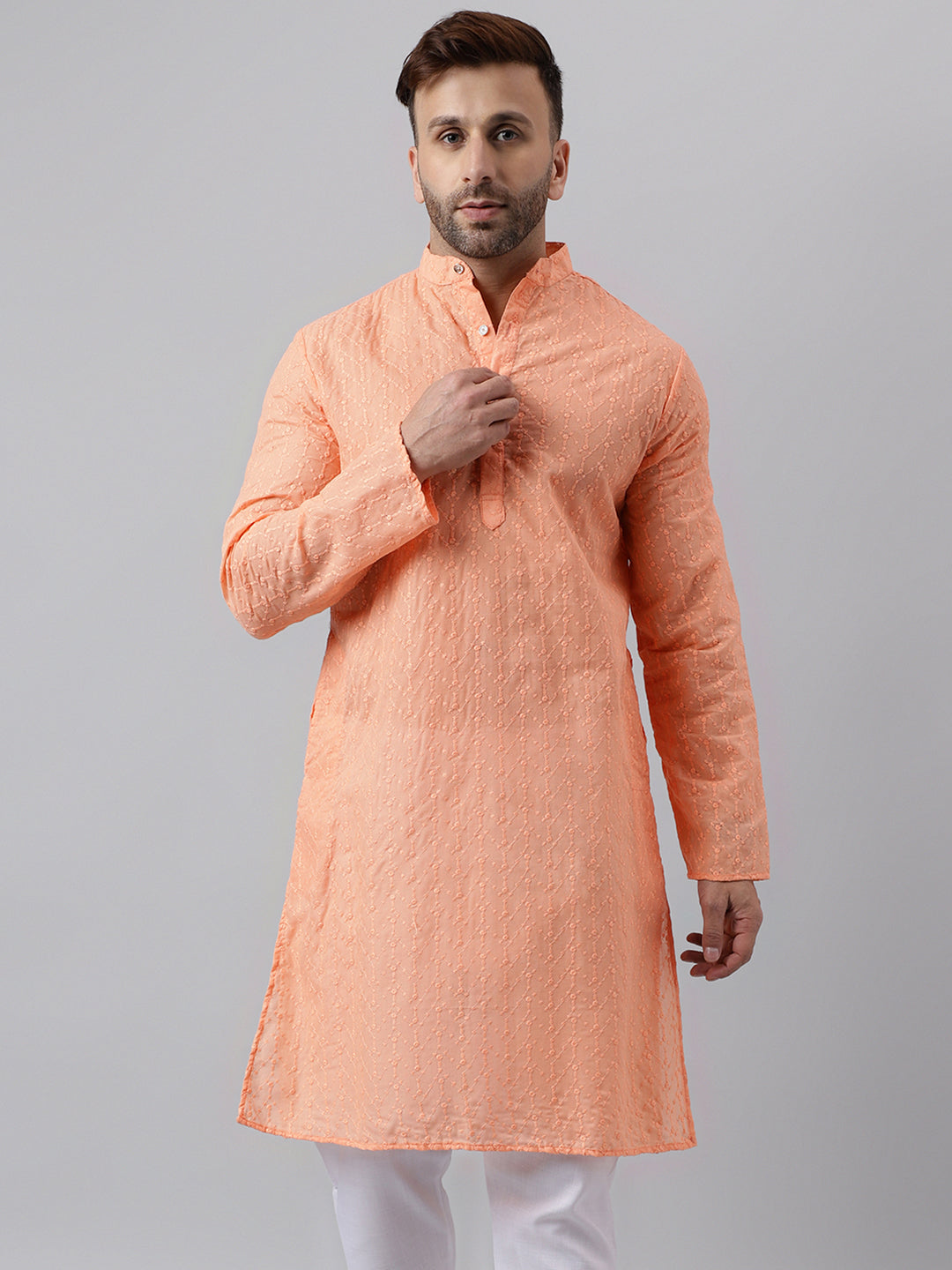 Hangup Men's Ethnic Embroidered Peach Kurta