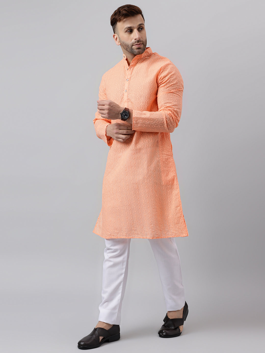 Hangup Men's Ethnic Embroidered Peach Kurta