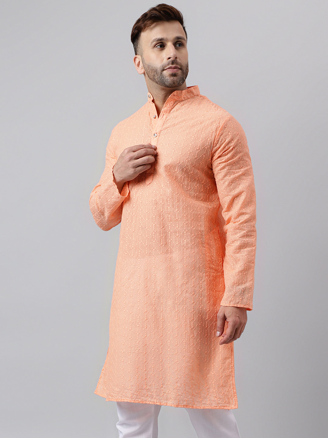 Hangup Men's Ethnic Embroidered Peach Kurta