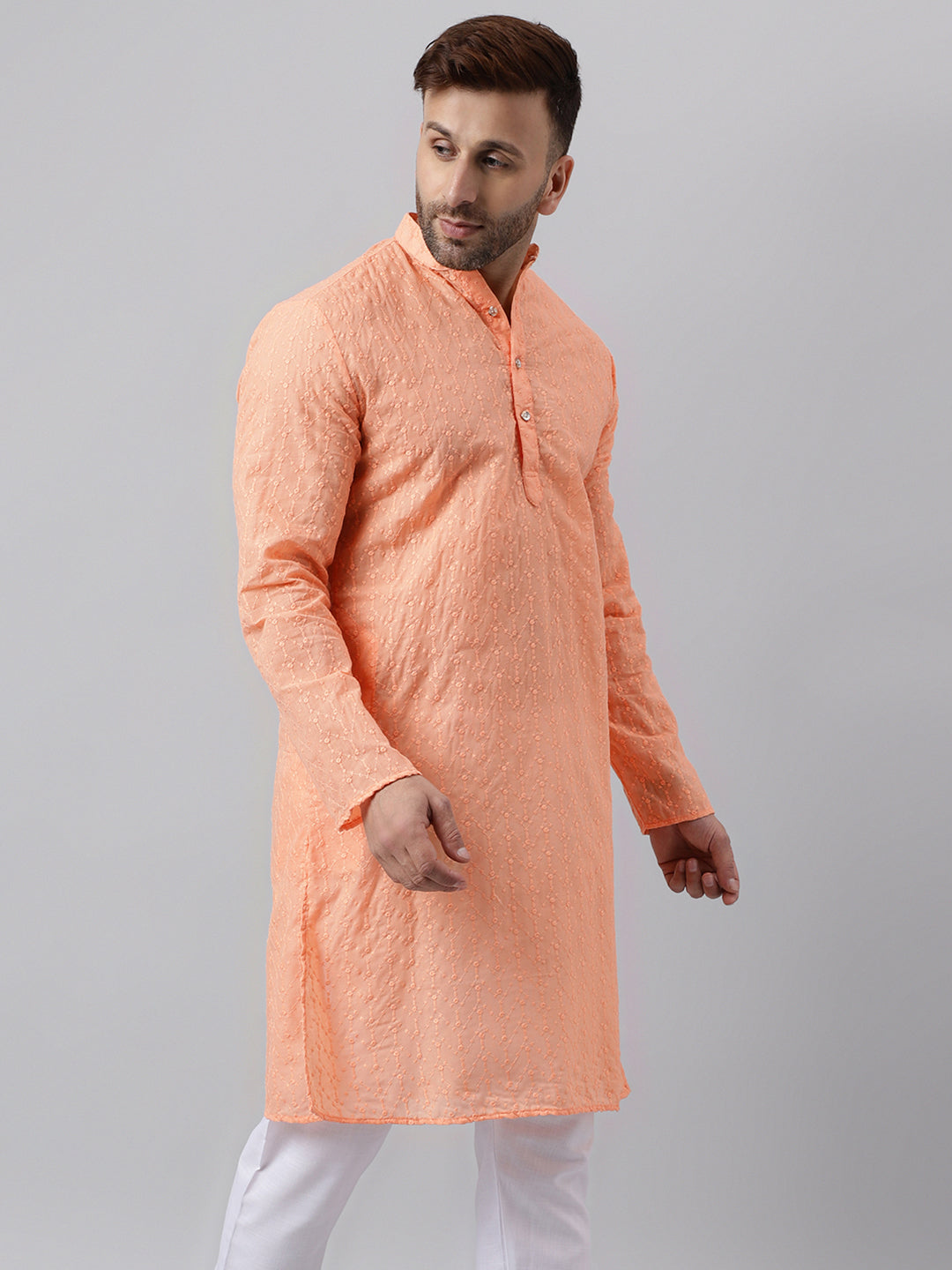 Hangup Men's Ethnic Embroidered Peach Kurta