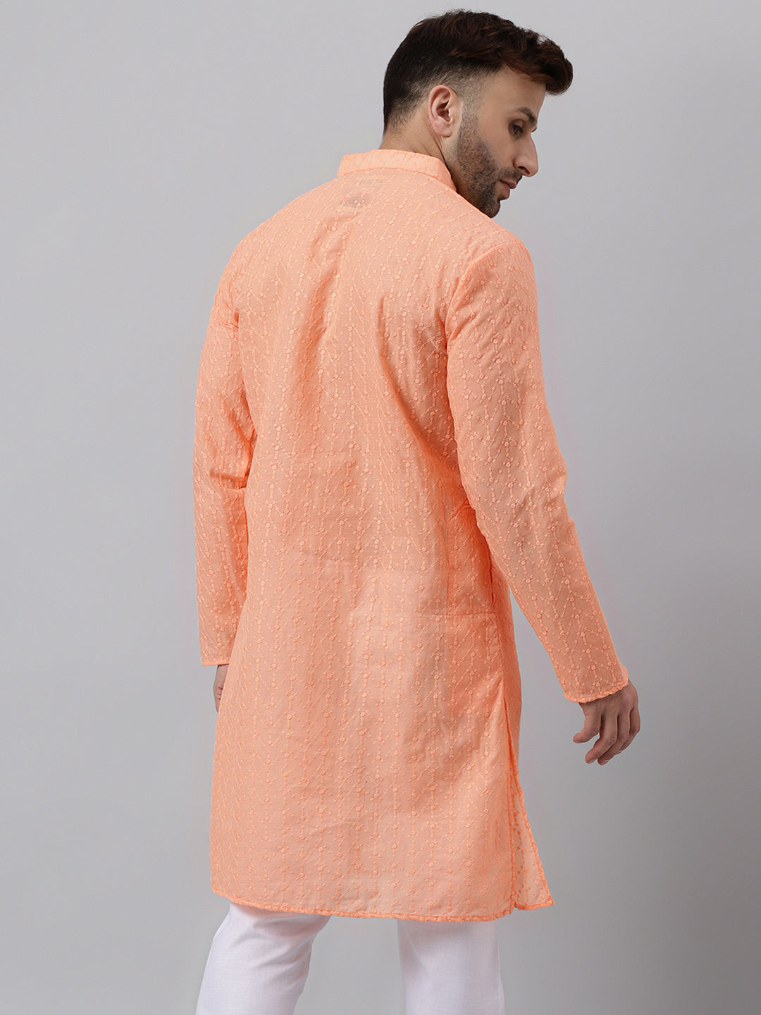 Hangup Men's Ethnic Embroidered Peach Kurta