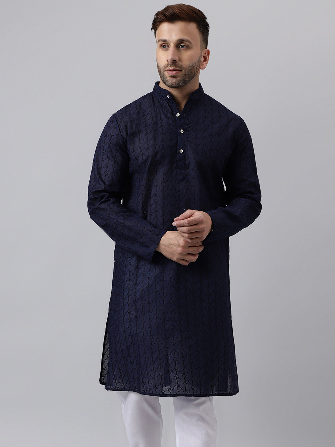 Hangup Men's Ethnic Embroidered Navy Kurta