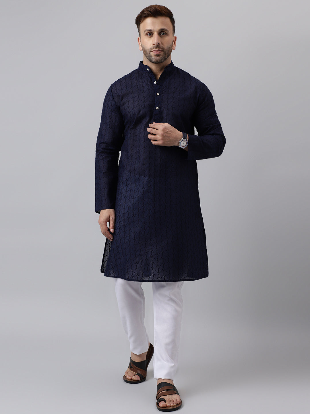 Hangup Men's Ethnic Embroidered Navy Kurta