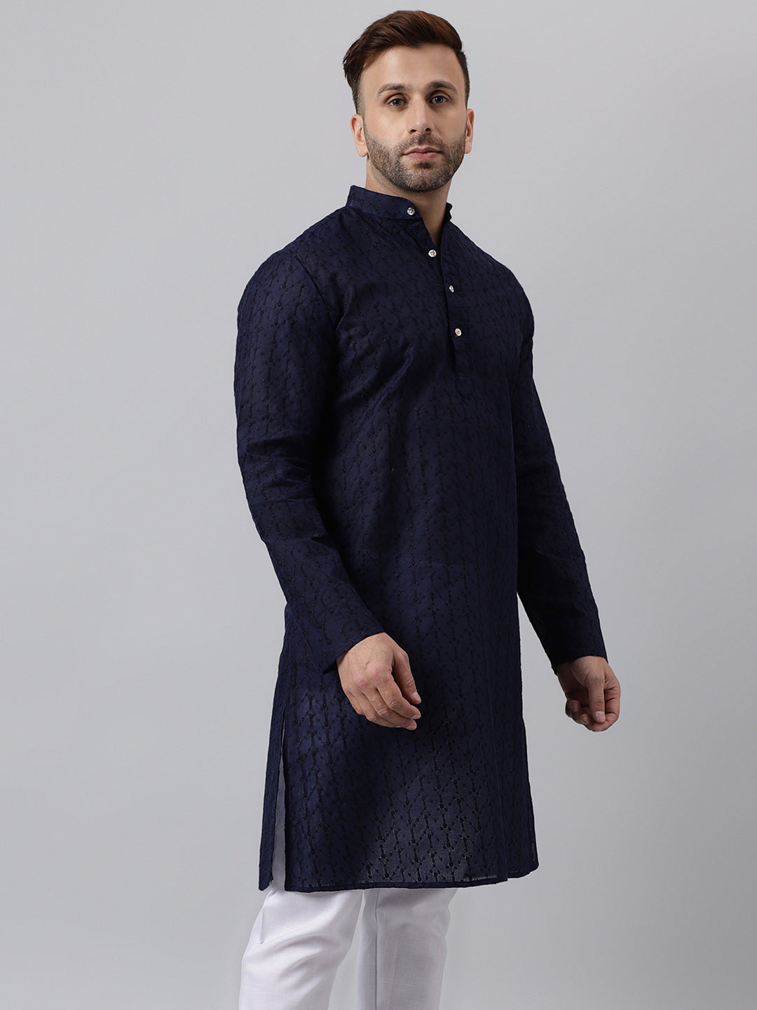 Hangup Men's Ethnic Embroidered Navy Kurta