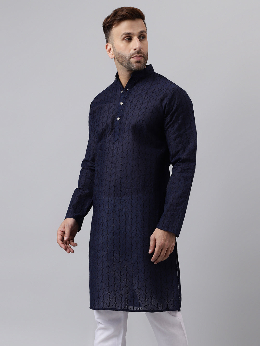 Hangup Men's Ethnic Embroidered Navy Kurta