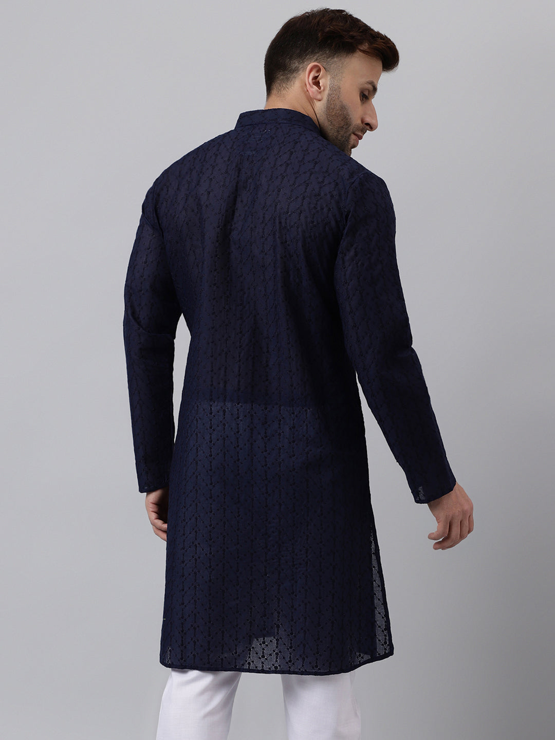 Hangup Men's Ethnic Embroidered Navy Kurta