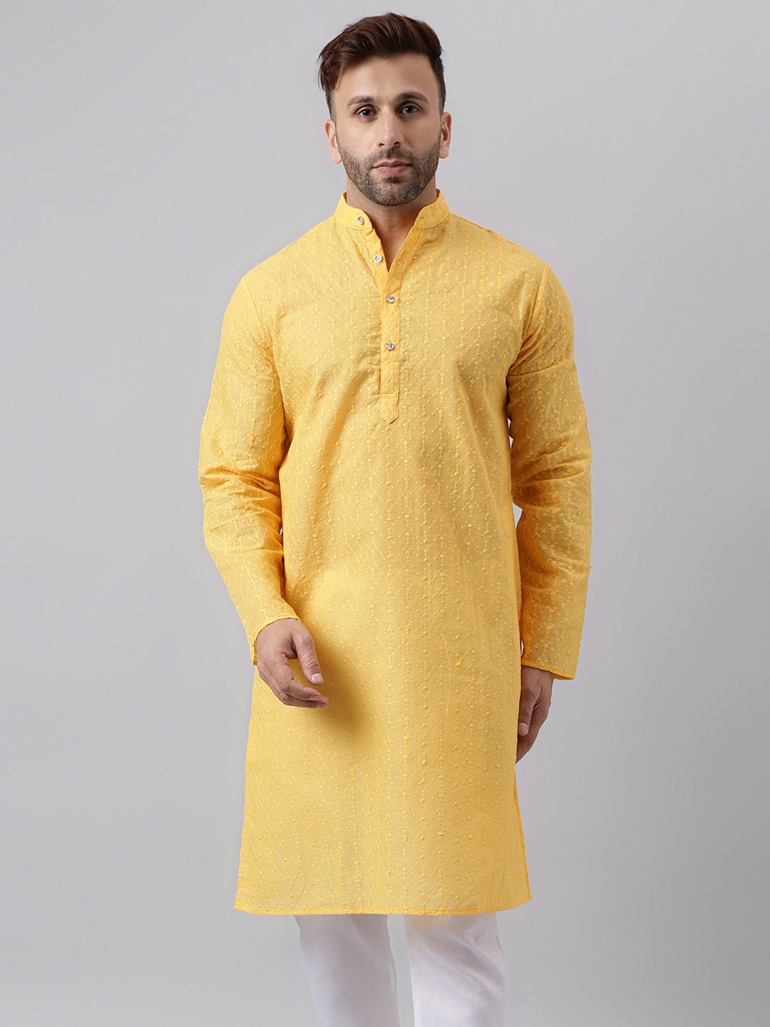 Hangup Men's Ethnic Embroidered Lemon Kurta