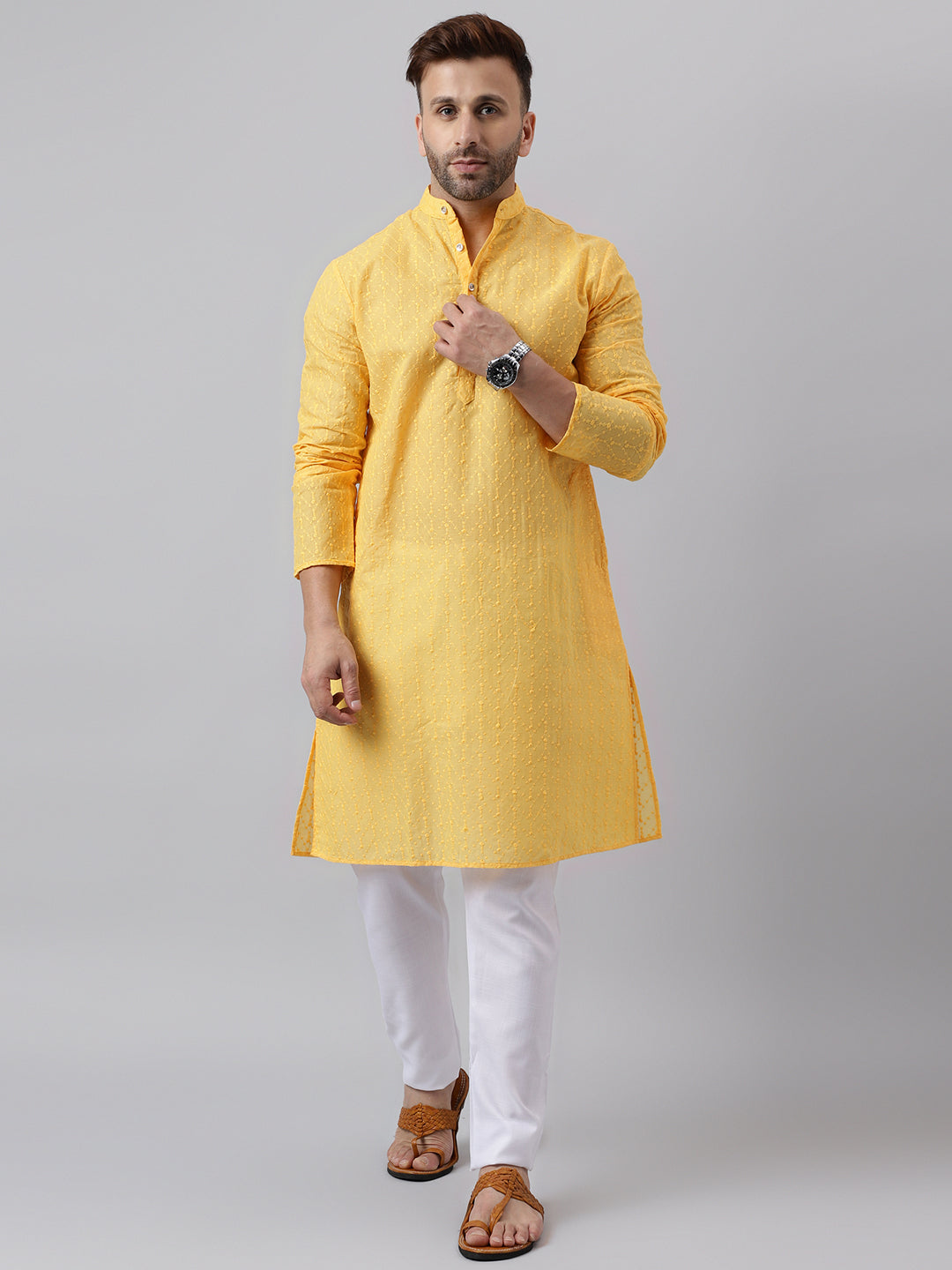 Hangup Men's Ethnic Embroidered Lemon Kurta