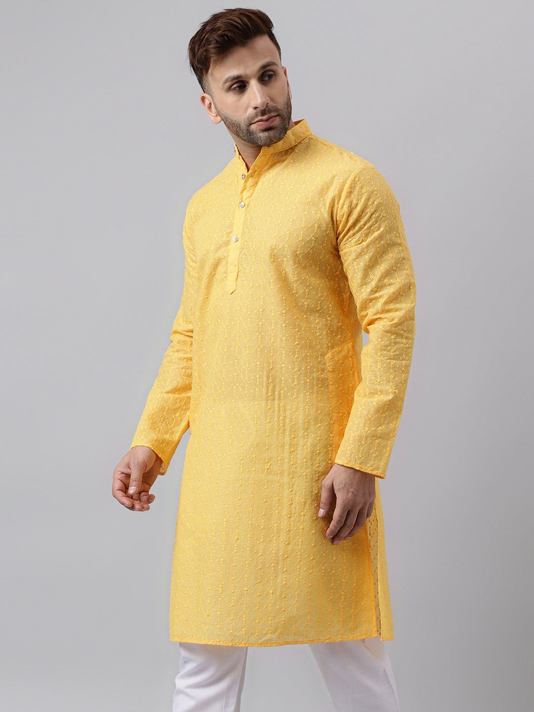 Hangup Men's Ethnic Embroidered Lemon Kurta