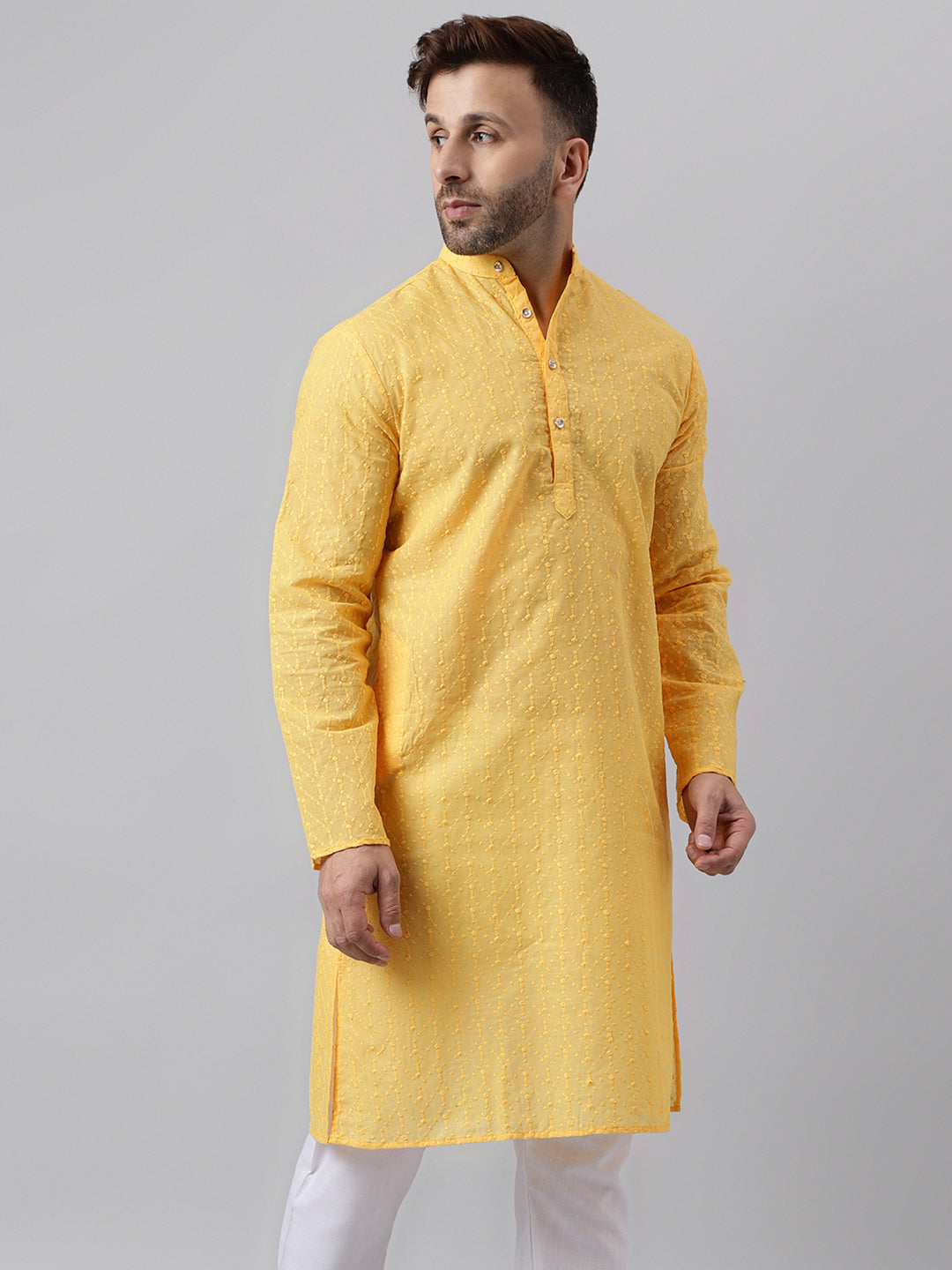 Hangup Men's Ethnic Embroidered Lemon Kurta